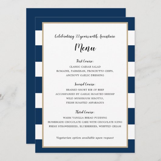 Menu Navy Blue Stripes en Gold Wedding Reception (Voorkant / Achterkant)