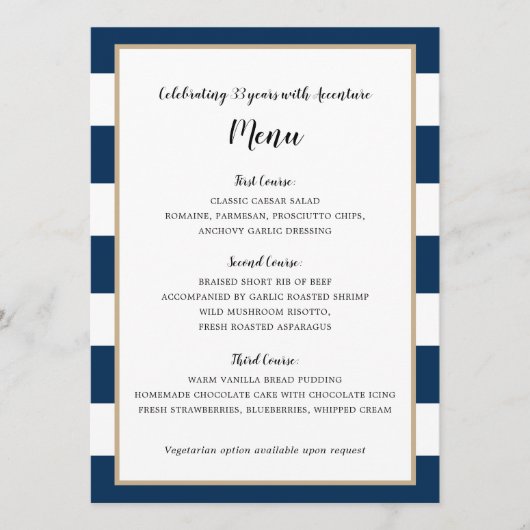 Menu Navy Blue Stripes en Gold Wedding Reception (Voorkant)