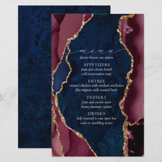 Menu Navy, Bourgogne & Gold Agate Wedding (Voorkant / Achterkant)