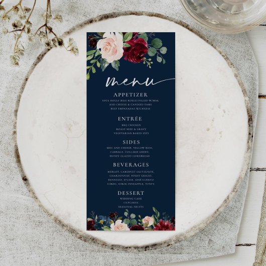 Menu Navy Floral Burgundy en Blush