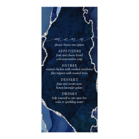 Menu Navy Marble & Silver Agate Wedding (Voorkant)