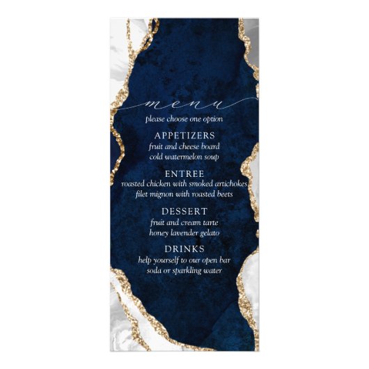 Menu Navy Marble, White & Gold Agate Wedding (Voorkant)