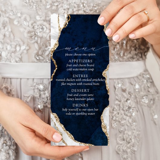 Menu Navy Marble, White & Gold Agate Wedding