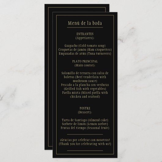 Menú Negro y of Clásico Bilingüe Español e Inglés Menu (Voorkant / Achterkant)