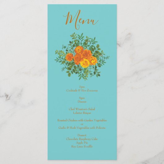 Menu Oranje en Blauwgroen Aqua Peony en Roos Weddi (Voorkant)