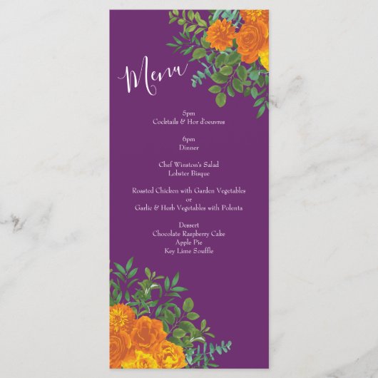 Menu Oranje en Paarse plum Peony en Roos Wedding (Voorkant)