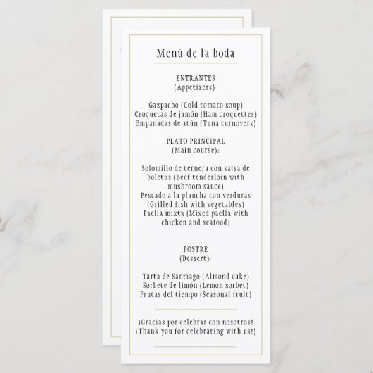 Menú oro Blanco Clásico Bilingüe Español e Inglés Menu (Voorkant / Achterkant)