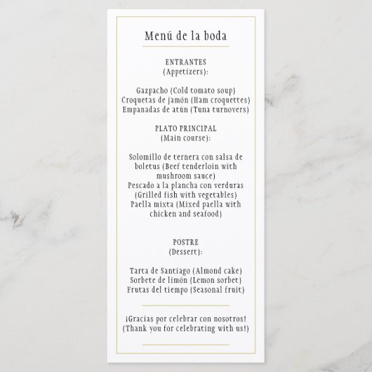 Menú oro Blanco Clásico Bilingüe Español e Inglés Menu (Voorkant)