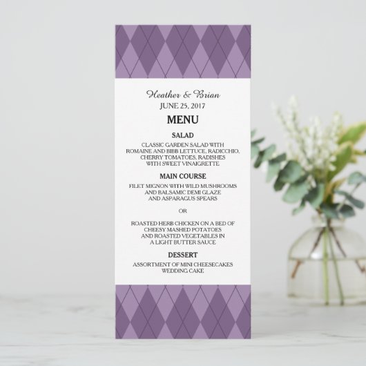 Menu Paarse Argyle Wedding (Staand voorkant)