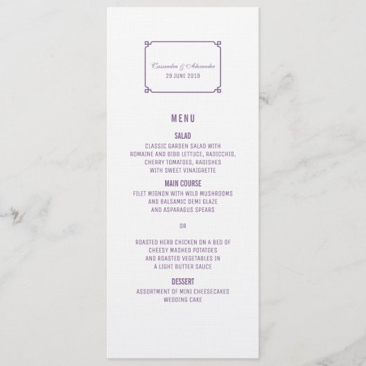 Menu Paarse Deco Chic Wedding (Voorkant)