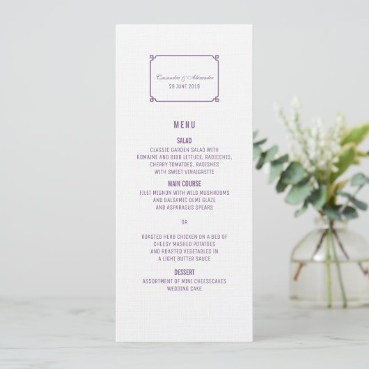 Menu Paarse Deco Chic Wedding (Staand voorkant)