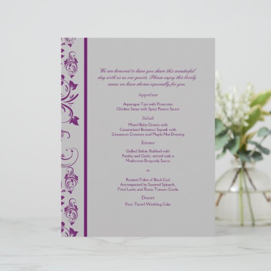Menu Paarse en zilveren Floral Scroll Wedding (Staand voorkant)