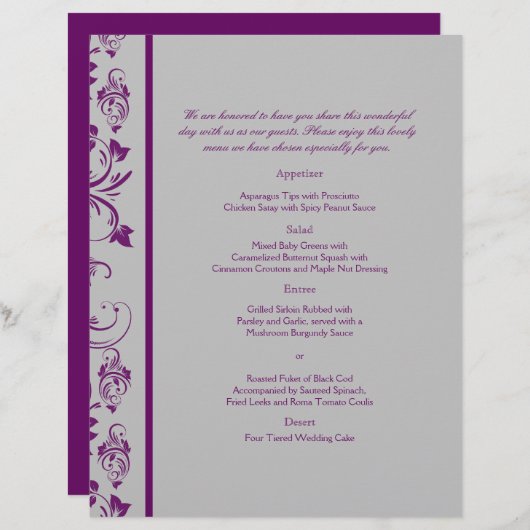 Menu Paarse en zilveren Floral Scroll Wedding (Voorkant / Achterkant)