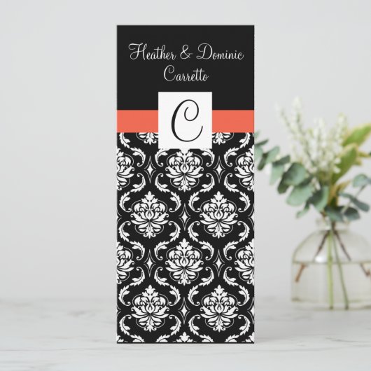 Menu Papaya Monogram Damask Wedding (Staand voorkant)