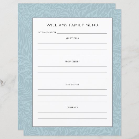 Menu Planner voor familienaam |  Blauwe Bloem (Voorkant / Achterkant)