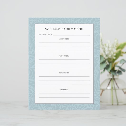 Menu Planner voor familienaam | Blauwe Bloem (Staand voorkant)