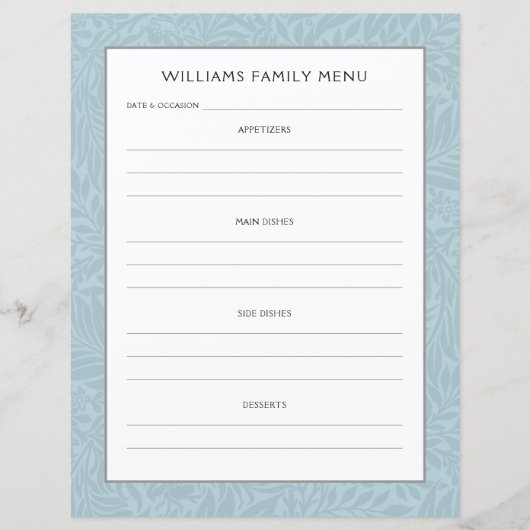 Menu Planner voor familienaam |  Blauwe Bloem (Voorkant)