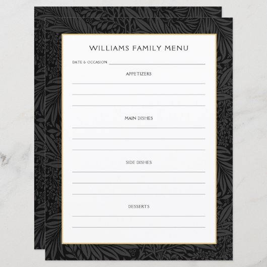 Menu Planner voor familienaam | zwarte bloem (Voorkant / Achterkant)