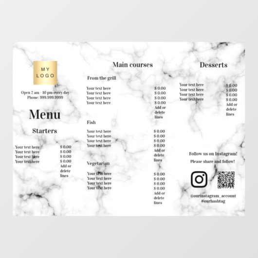 Menu-prijslijst restaurant café marmer raamsticker (Vel)