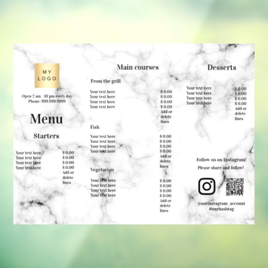 Menu-prijslijst restaurant café marmer raamsticker