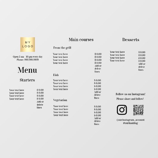 Menu-prijslijst restaurant café raamsticker (Vel)