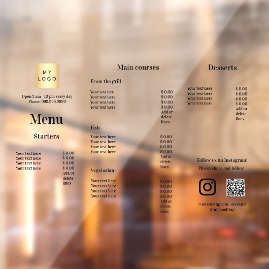 Menu-prijslijst restaurant café raamsticker
