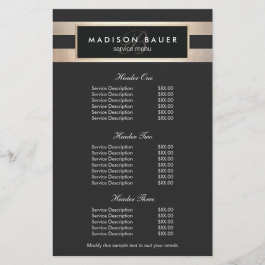 Menu Prijslijst van Monogram Black en Gold Stripes (Voorkant)