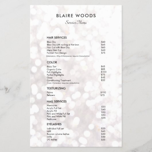 Menu Prijslijst Witte Bokeh Glitter Hair (Voorkant)