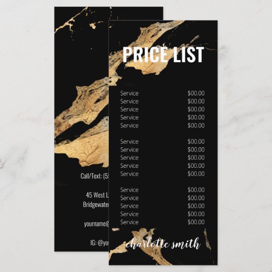 Menu Prijslijst zwarte en goudmarmer Hair (Voorkant / Achterkant)