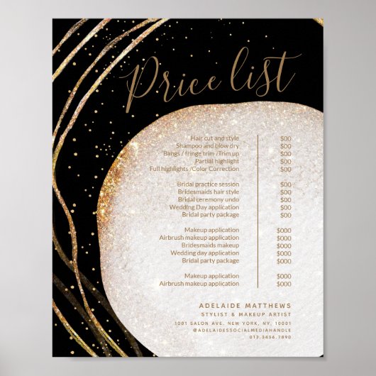 Menu Prijslijst zwarte goudglitter-stylist Salon Poster (Voorkant)