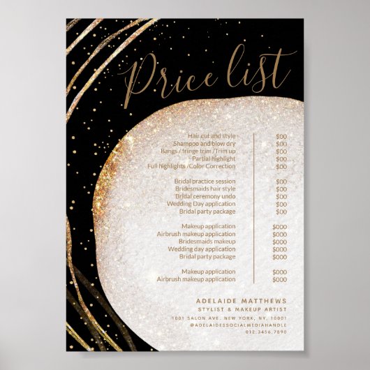 Menu Prijslijst zwarte goudglitter-stylist Salon Poster (Voorkant)