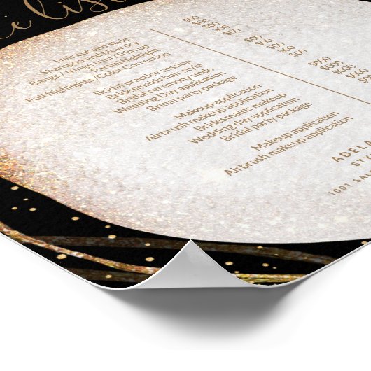 Menu Prijslijst zwarte goudglitter-stylist Salon Poster (Hoek)