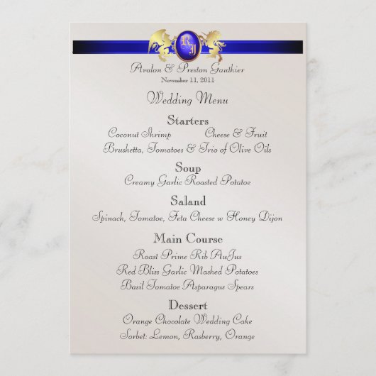 Menu Princess Blue Jewel Crest Wedding (Voorkant)