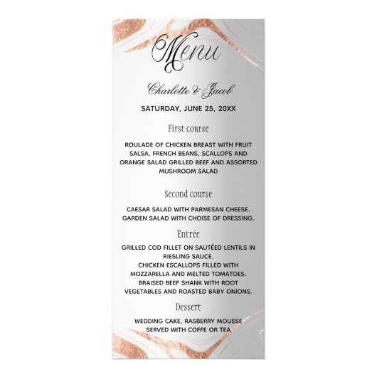 Menu programma zilver roos gouden marmer bruiloft (Voorkant)