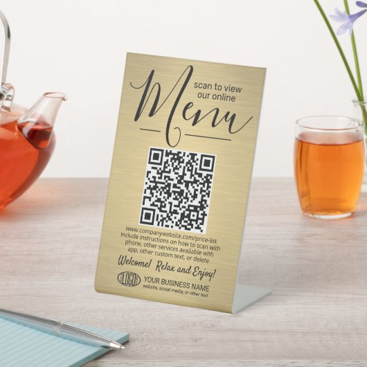 Menu QR Code Generator & Logo Brushed Gold Color Reclamebord Met Voetstuk (Insitu)