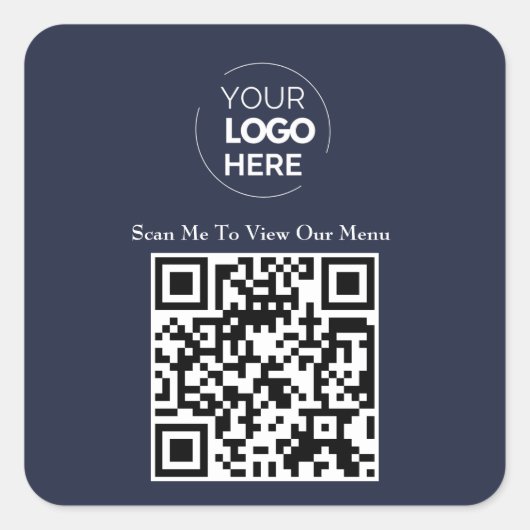 Menu QR-code | Logo Navy Blue Contactloos Modern Vierkante Sticker (Voorkant)