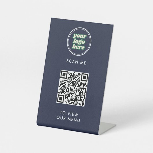 Menu QR-code | Logo Navy Contactloos Modern Reclamebord Met Voetstuk (Voorkant)