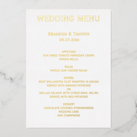 Menu Real Gold Foil Gay Weddenschap Folie Uitnodiging (Voorkant)