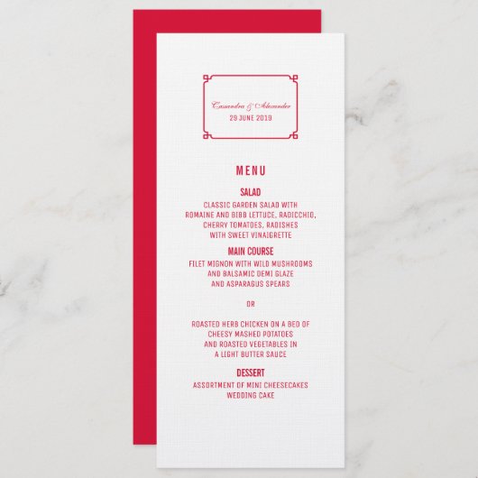 Menu Red Deco Chic Wedding (Voorkant / Achterkant)