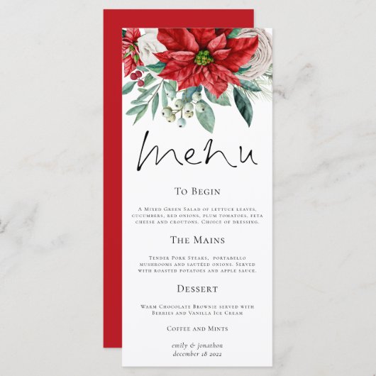 Menu Red Poinsettias Foliage kerstbruiloft (Voorkant / Achterkant)