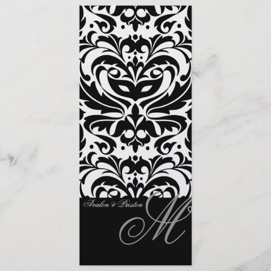 Menu Regal Black & White Monogram Damask Wedding (Voorkant)