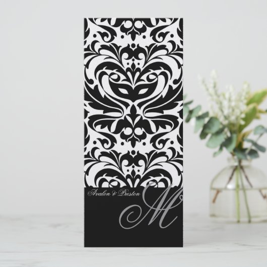 Menu Regal Black & White Monogram Damask Wedding (Staand voorkant)