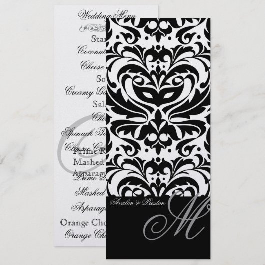 Menu Regal Black & White Monogram Damask Wedding (Voorkant / Achterkant)