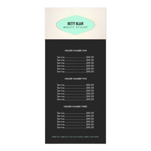 Menu Retro Turquoise en Gold Plaque Price List (Voorkant)