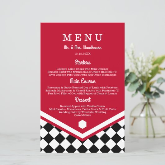 Menu Rode bruiloft met zwart gecheckt patroon (Staand voorkant)