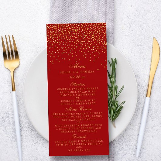 Menu Rood- en Glam Gold-Confetti bruiloft