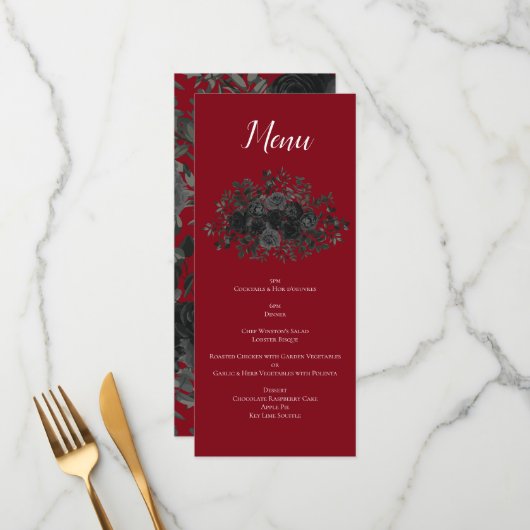 Menu Rood en zwart Roos Gothic Wedding (Voorkant / Achterkant in situ)