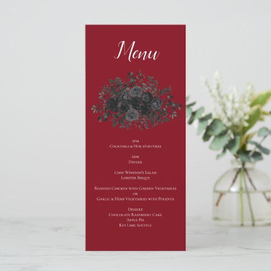 Menu Rood en zwart Roos Gothic Wedding (Staand voorkant)