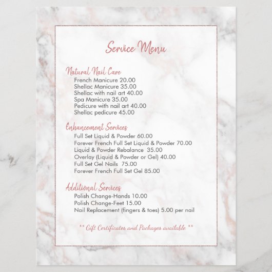 Menu roos-Gold Faux Marble Price (Voorkant)