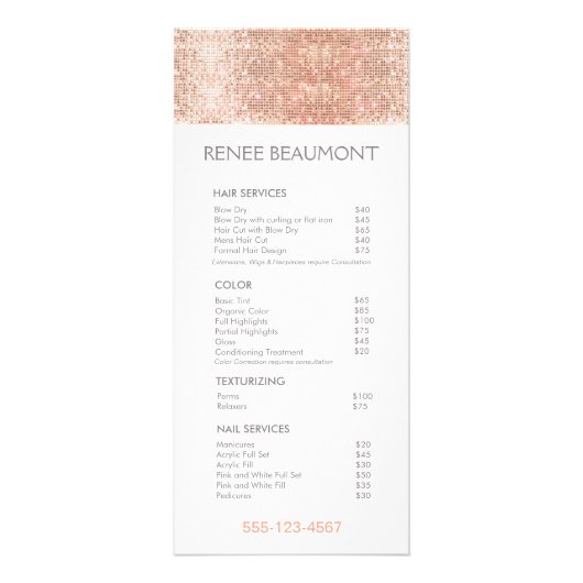 Menu roos Gold Sequins Salon Price List (Voorkant)